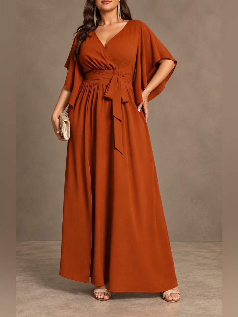 New Flowy Wrap Top Maxi Dress PLUS Flutter Sleeve Tie Belt Orange